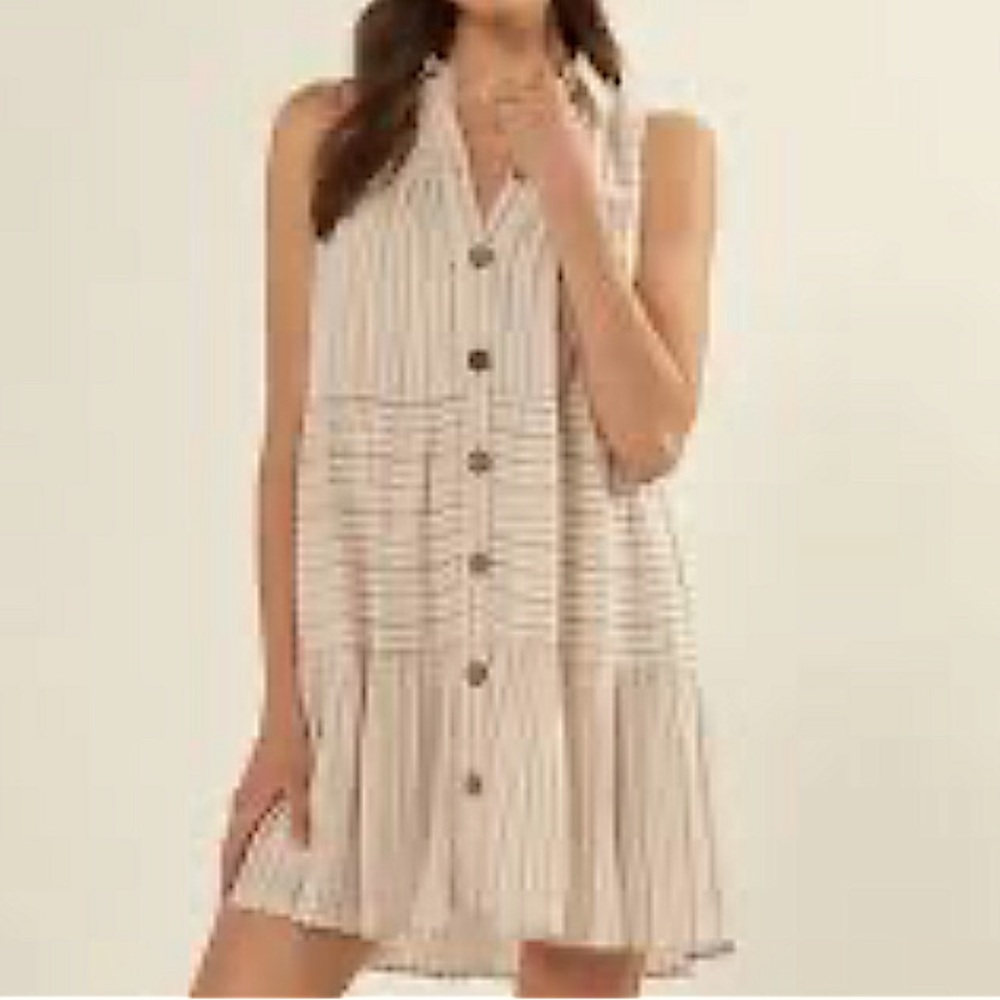 Promesa Striped Button Down Sleeveless Off White Mini Tunic Dress